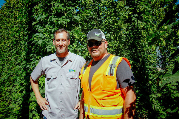 Paul Tecker with hop farmer inspecting the annual crop of quality sustainably grown organic hops